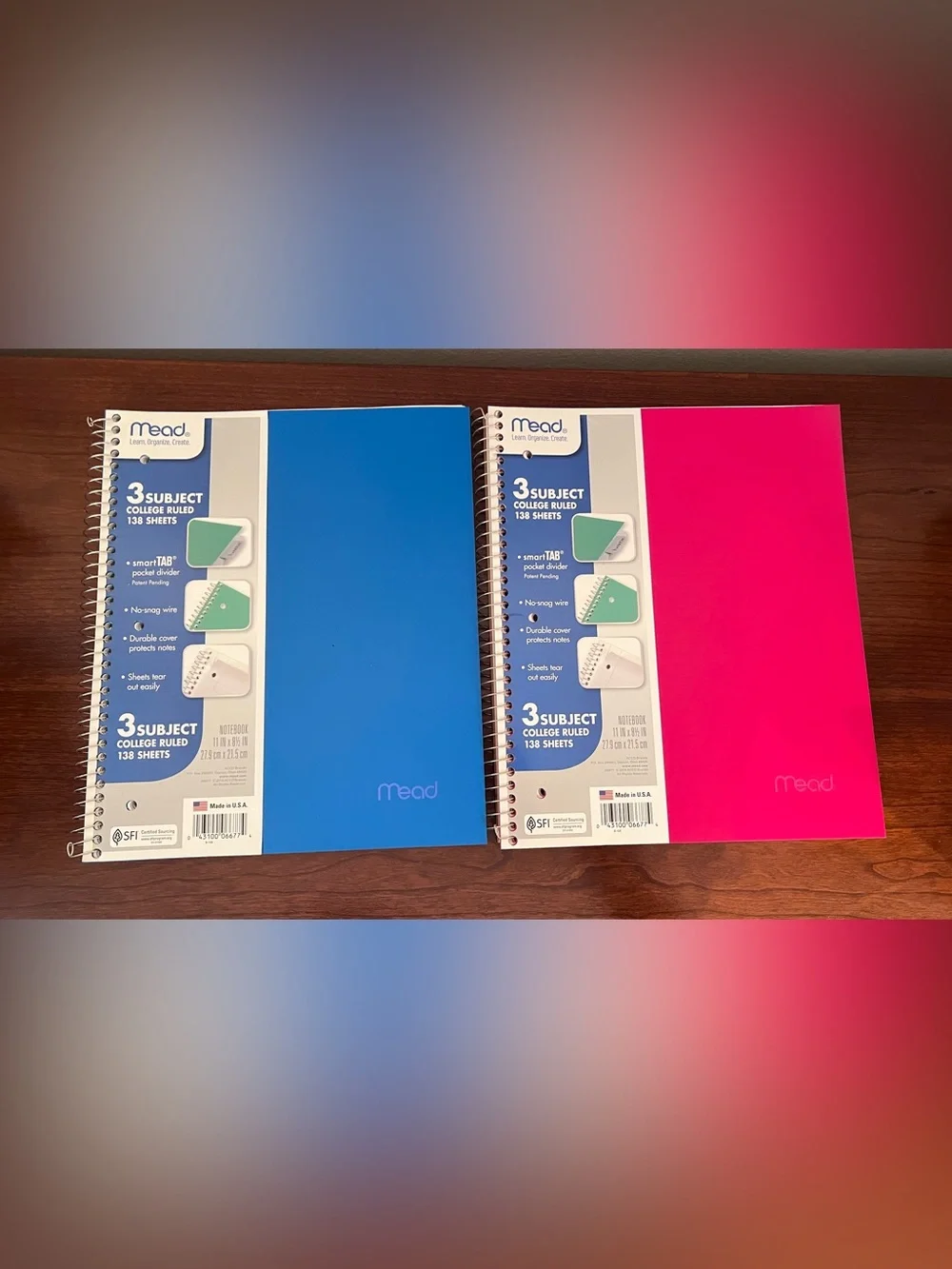 Mead Spiral Notebooks, 3 Subject, College Ruled Paper, Pack of 2, Pink & Blue